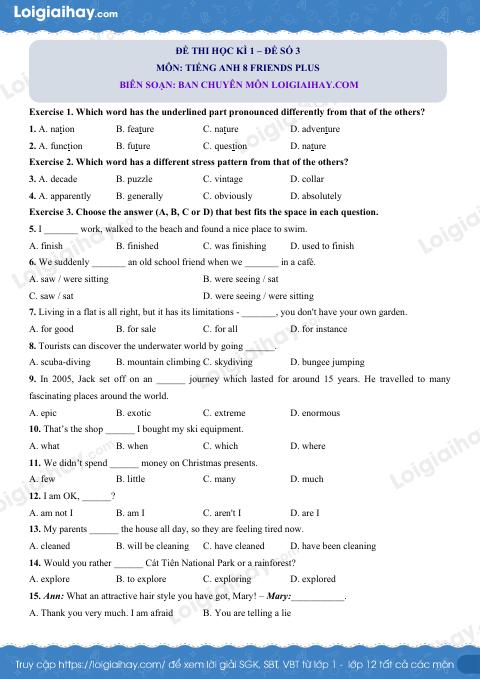 Đề thi học kì 1 Tiếng Anh 8 Friends Plus - Đề số 3